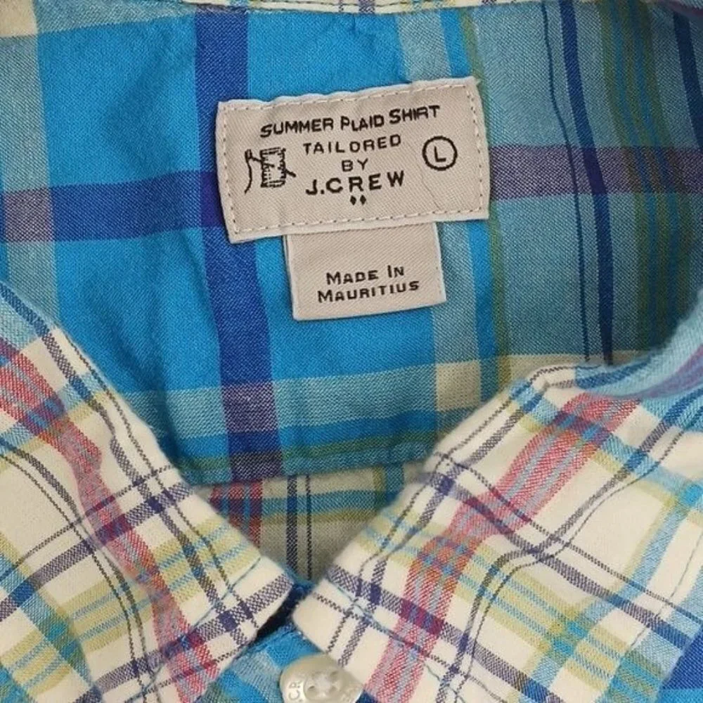 J Crew Mens L Summer Plaid Shirt Blue Button Down Long Sleeve Cotton Casual